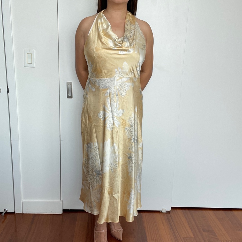 Elie Tahari Yellow Floral Silk Midi Dress Halter Cowl Neck